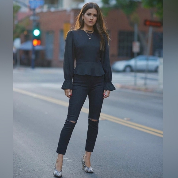 The Drop Tops - The Drop x Paola Alberdi Cut Out Back Peplum Waist Blouse Top Tencel size Small